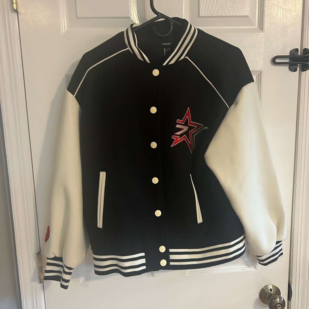Forever 21 Black and Cream Varsity Jacket with Star Patch
